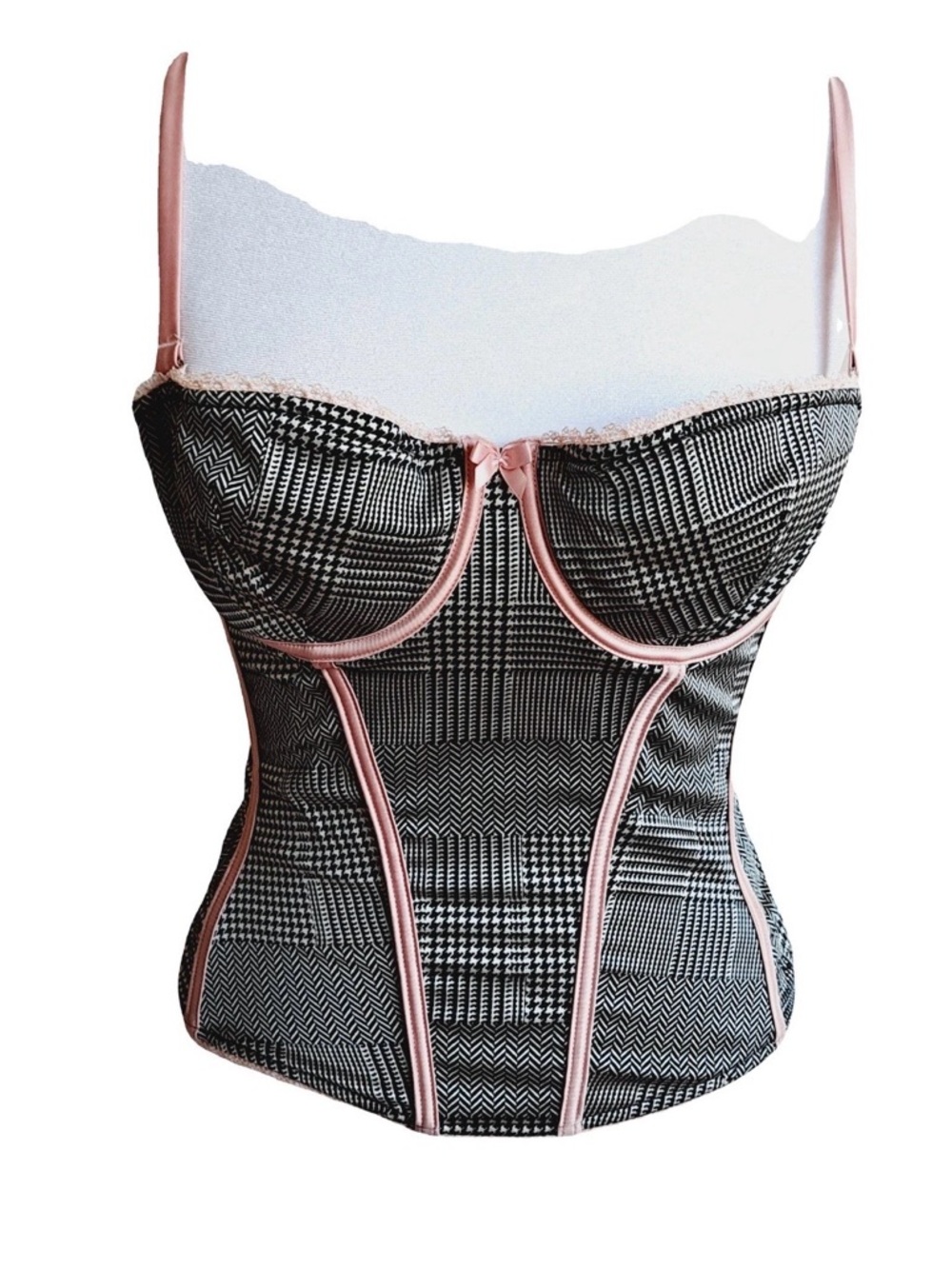 Dior Black Plaid Bustier with Pink Trim